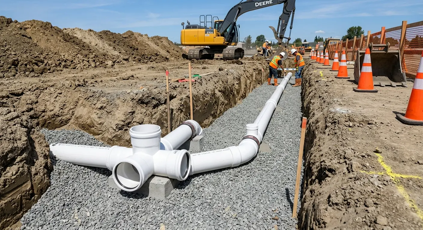 New PVC sewer pipe installation in open trench for Sewer Backup in Hayden
