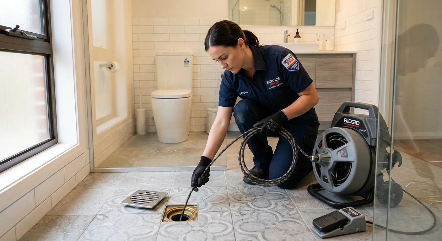 Technician clearing a bathroom floor drain for Sewer Line Replacement in Hayden